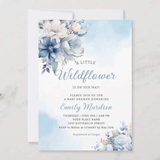 小さなワイルドフラワーの水の色のフローラベビーシャワー 招待状 (正面)