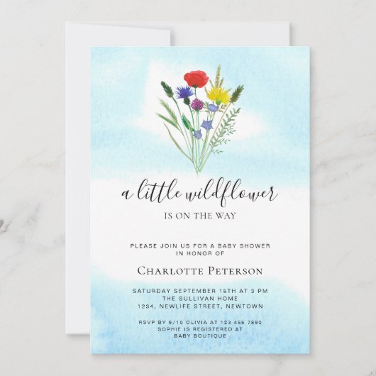 小さなワイルドフラワーの水の色の赤ちゃんシャワー 招待状 (正面)