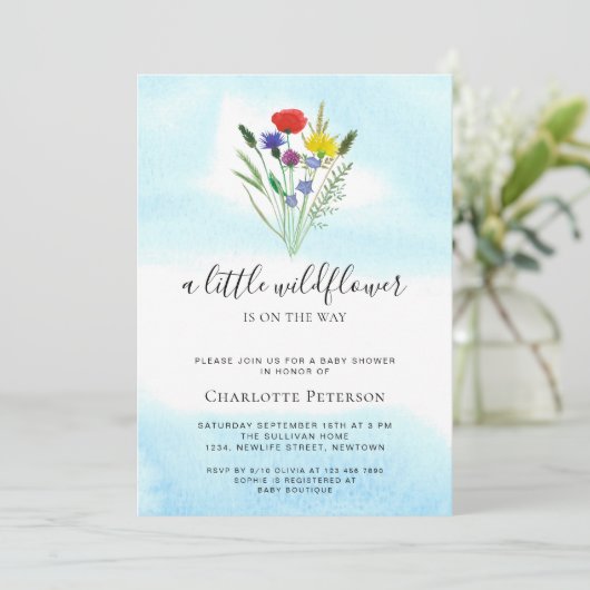 小さなワイルドフラワーの水の色の赤ちゃんシャワー 招待状 (スタンド正面)