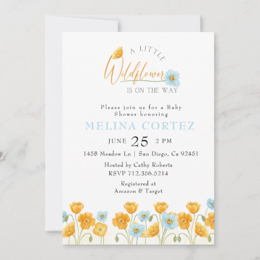 小さなワイルドフラワーの水の色の赤ちゃんシャワー 招待状 (正面)