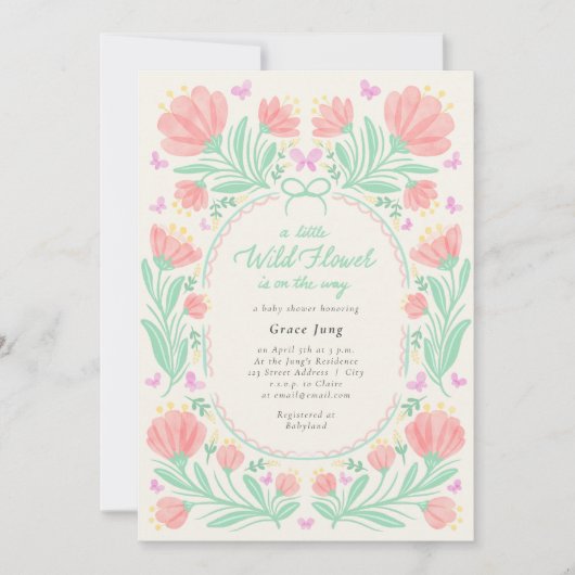 小さなワイルドフラワーの水色の女の子の赤ちゃんシャワー 招待状 (正面)