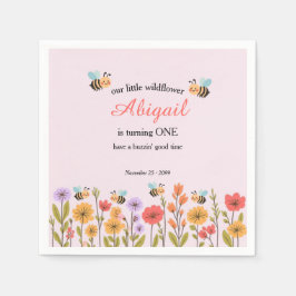 小さなワイルドフラワーの花とミツバチの1歳の誕生日 スタンダードカクテルナプキン