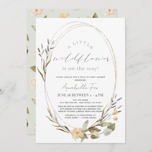 小さなワイルドフラワーオーバルガール車で赤ちゃんシャワー 招待状 (正面/裏面)