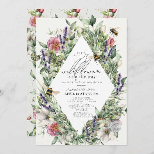 小さなワイルドフラワーグリーンロームバスベビーシャワー 招待状 (正面/裏面)