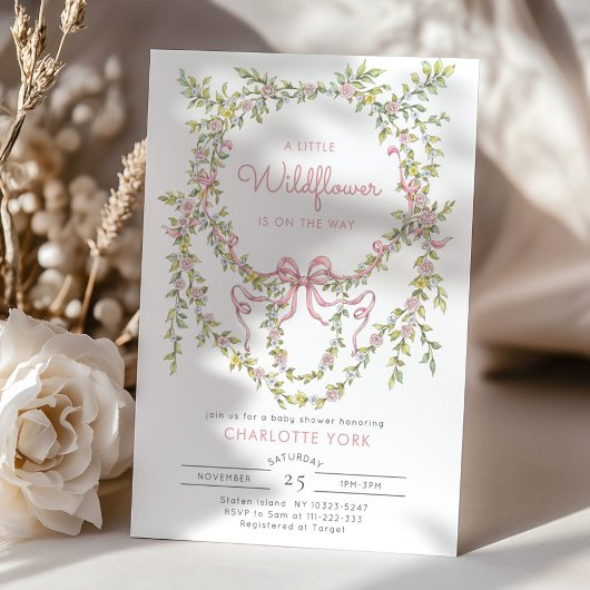 小さなワイルドフラワーピンクの弓の赤ちゃんシャワー 招待状