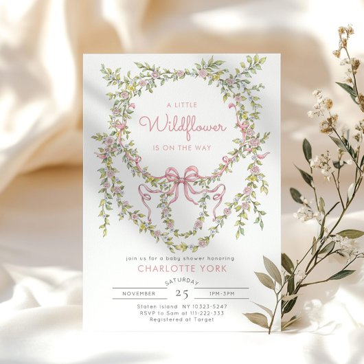 小さなワイルドフラワーピンクの弓の赤ちゃんシャワー 招待状