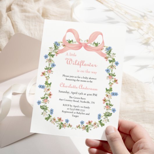 小さなワイルドフラワーピンクの弓の赤ちゃんシャワー 招待状
