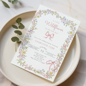 小さなワイルドフラワーピンクの弓フレーム赤ちゃんシャワー 招待状