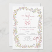 小さなワイルドフラワーピンクの弓フレーム赤ちゃんシャワー 招待状 (正面)