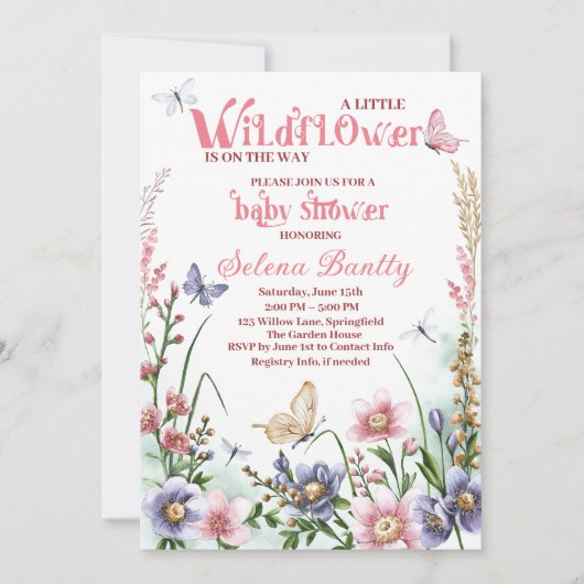 小さなワイルドフラワーベビーガールのシャワー水色 招待状 (正面)