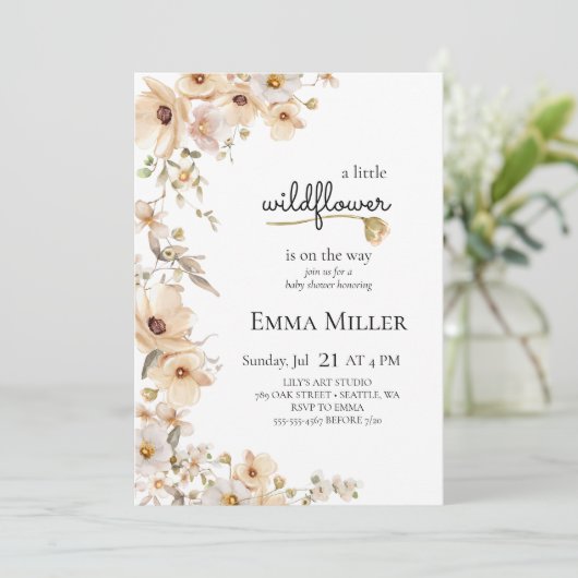 小さなワイルドフラワーベージュナチュラルガールベビーシャワー 招待状 (スタンド正面)