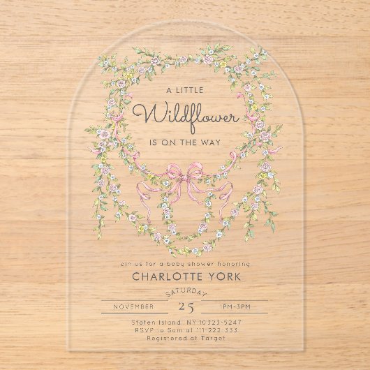 小さなワイルドフラワーボウガーデン赤ちゃんシャワーアーチ アクリル招待状 (正面)