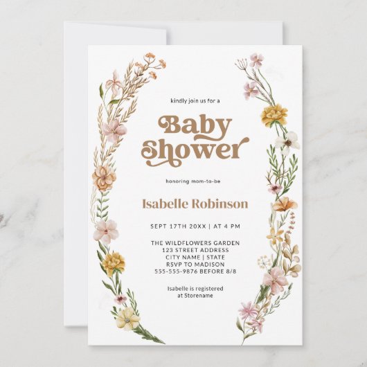 小さなワイルドフラワーボホシックな女の子の赤ちゃんシャワー 招待状 (正面)