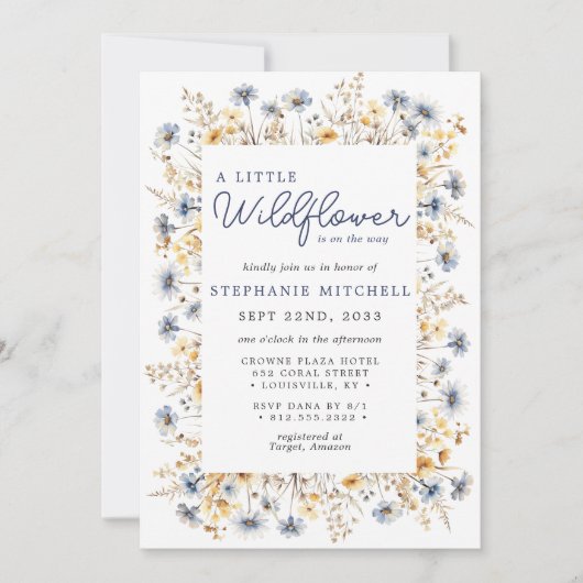 小さなワイルドフラワーボホ水色の赤ちゃんシャワー 招待状 (正面)