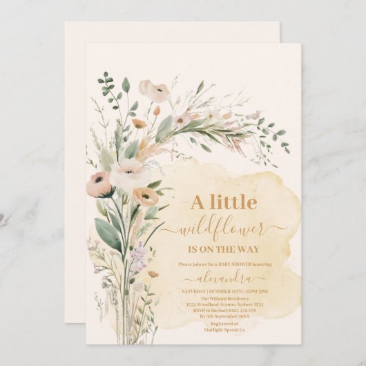 小さなワイルドフラワーボホ自然ベイビーシャワー 招待状 (正面/裏面)