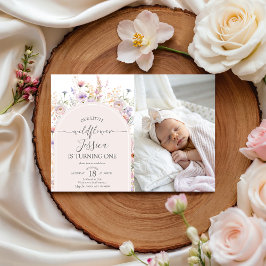 小さなワイルドフラワー写真 1歳の誕生日招待状 招待状