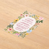 小さなワイルドフラワー、フローラ赤いスクリプト赤ちゃんシャワー アクリル招待状 (レイダウン)