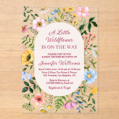 小さなワイルドフラワー、フローラ赤いスクリプト赤ちゃんシャワー アクリル招待状 (正面)