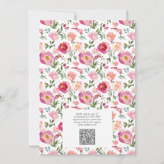 小さなワイルドフラワーQRコードピンクの水色シャワー 招待状 (裏面)