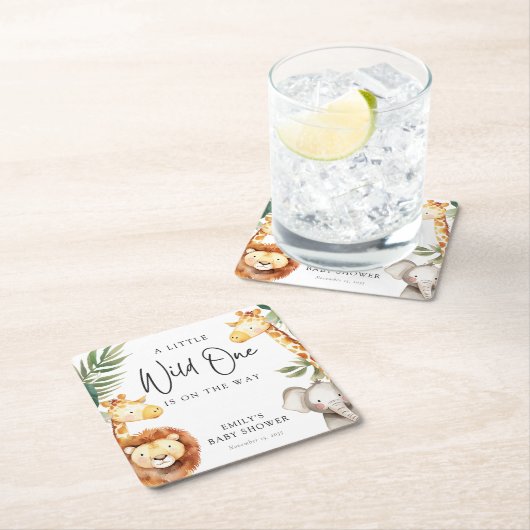 小さなワイルドワンサファリベイビーシャワー スクエアペーパーコースター (インサイチュ)
