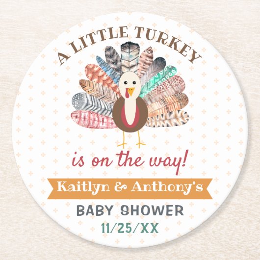 小さな七面鳥が行く途中だ！感謝祭の赤ちゃんシャワー ラウンドペーパーコースター (正面)