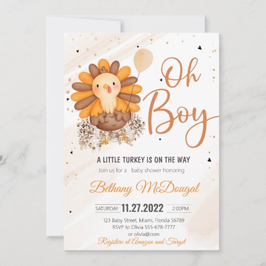 小さな七面鳥の感謝の赤ちゃんシャワーをパーソナライズ 招待状 (正面)