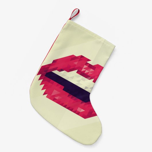 小さな三角形、ピクセルシップスター、パイで作られた赤い唇 スモールクリスマスストッキング (正面 (吊り時))