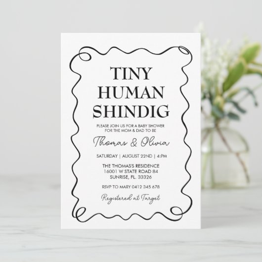 小さな人間のチンジミニマリスト赤ちゃんシャワー 招待状 (スタンド正面)