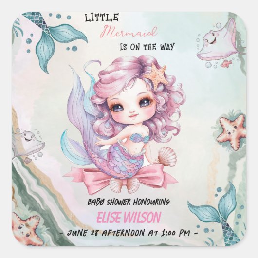 小さな人魚の弓が途中の赤ちゃんシャワー2 スクエアシール (正面)