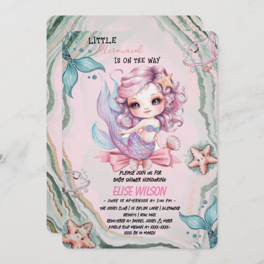 小さな人魚の弓が途中の赤ちゃんシャワー2 招待状 (正面/裏面)