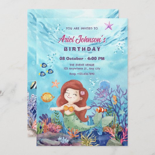 小さな人魚の水色の赤ちゃんシャワー 招待状 (正面/裏面)