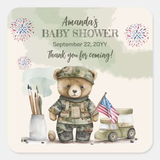 小さな兵士の男の子テディベア赤ちゃんシャワーの好意 スクエアシール (正面)