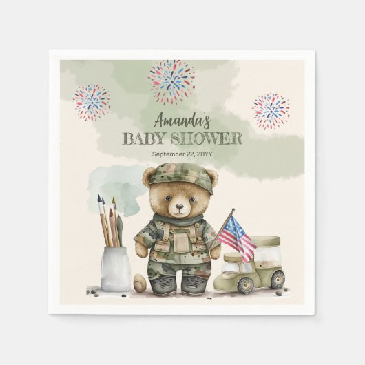 小さな兵士の男の子テディベア赤ちゃんシャワー スタンダードカクテルナプキン (正面)