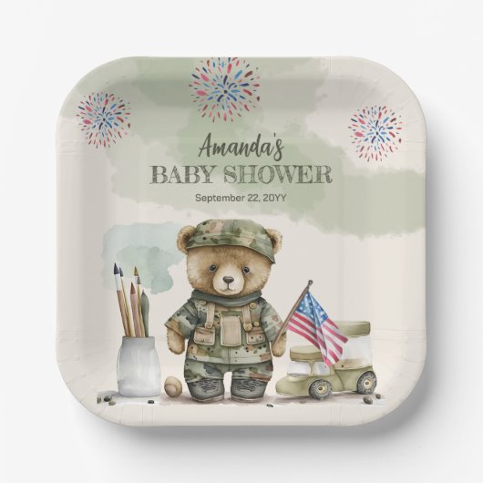 小さな兵士の男の子テディベア赤ちゃんシャワー ペーパープレート (正面)