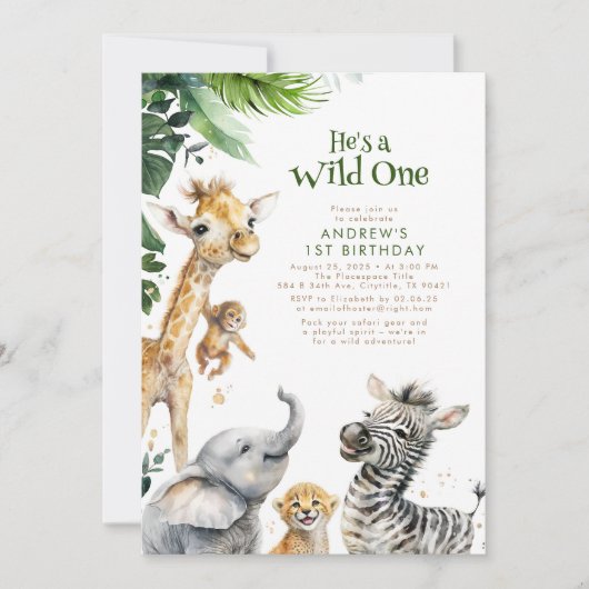 小さな動物ジャングルサファリワイルドワン1歳の誕生日 招待状 (正面)