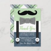 小さな口ひげの男の子の緑のネイビーシャワー サンキューカード (正面/裏面)