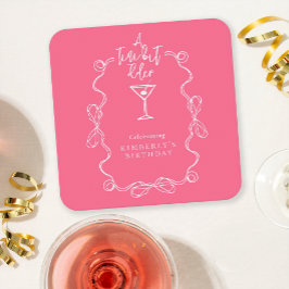 小さな古い手の描かれたピンクの誕生日パーティー スクエアペーパーコースター