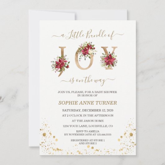 小さな喜びの束 ポインセチア ゴールド ベビーシャワー 招待状 (正面)