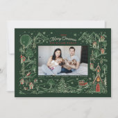 小さな図解入りの、写真付きの町の冬のシーン緑の写真 シーズンカード (正面)