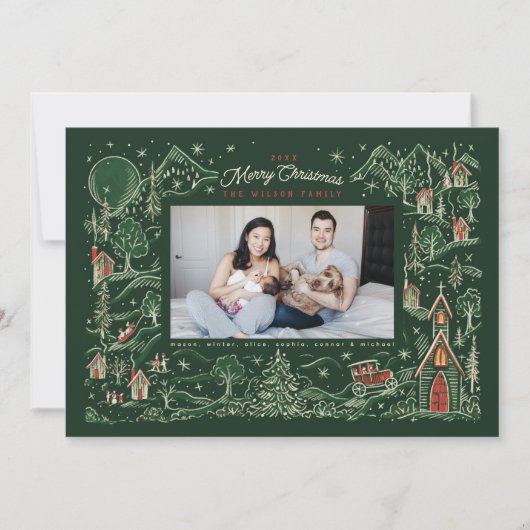 小さな図解入りの、写真付きの町の冬のシーン緑の写真 シーズンカード (正面)