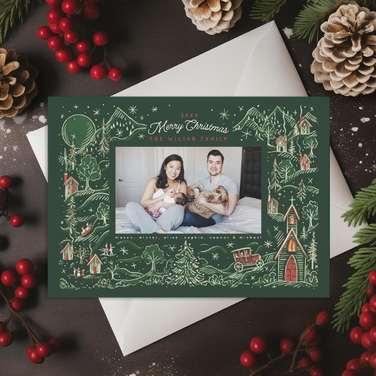 小さな図解入りの、写真付きの町の冬のシーン緑の写真 シーズンカード