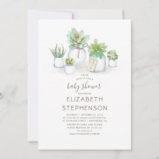 小さな多肉質メイスンジャースベイビー素朴ブシャワー 招待状 (正面)