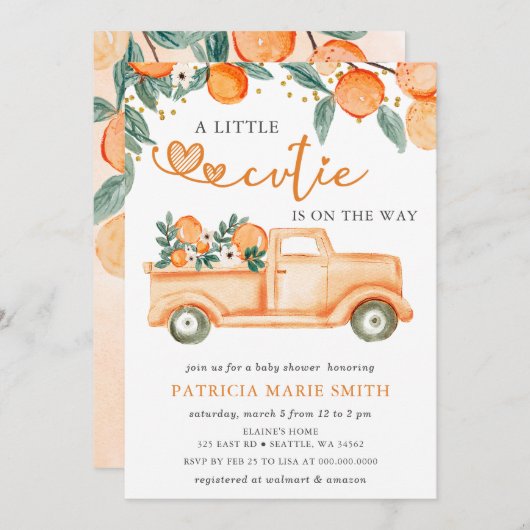 小さな天使がやってくる オレンジのベイビーシャワー 招待状 (正面/裏面)