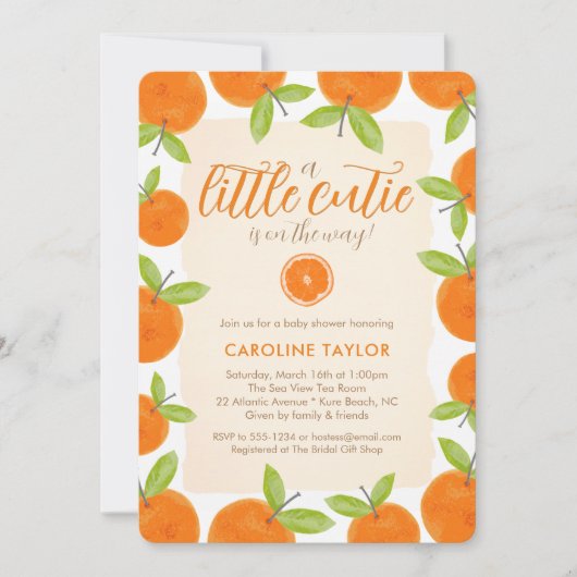 小さな天使がやってくる 柑橘オレンジのベビーシャワー 招待状 (正面)