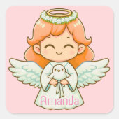 小さな天使の女の子と鳥 スクエアシール (正面)