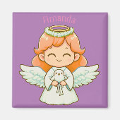 小さな天使の女の子と鳥 マグネット (正面)