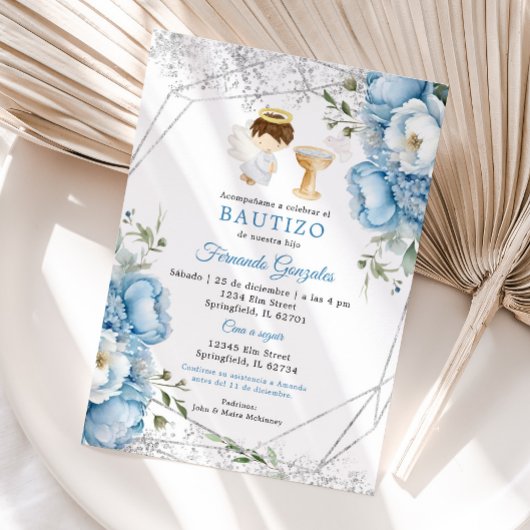 小さな天使の花 ダスティーブルー シルバー 男の子 洗礼 招待状