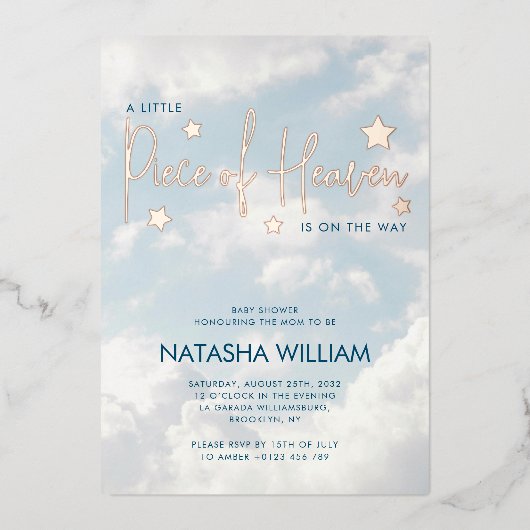 小さな天国の空の青い雲の赤ちゃんシャワー 箔招待状 (正面)
