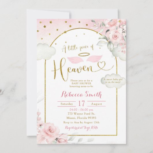 小さな天国ピンクの金ゴールド赤ちゃんシャワー 招待状 (正面)