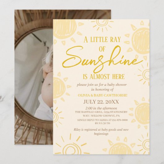 小さな太陽の手書き写真 ベビーシャワー 招待状 (正面/裏面)